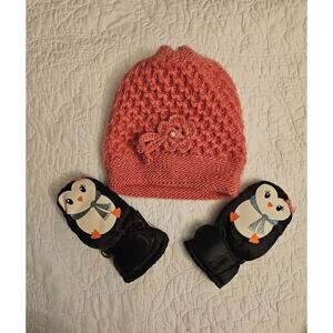 Cozy Pink Knit Hat & Penguin Mittens Set Baby 3Mo Winter Accessories Warm & Cozy